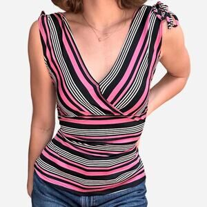 Deep v pink white black striped v neck sleeveless top - fits like M